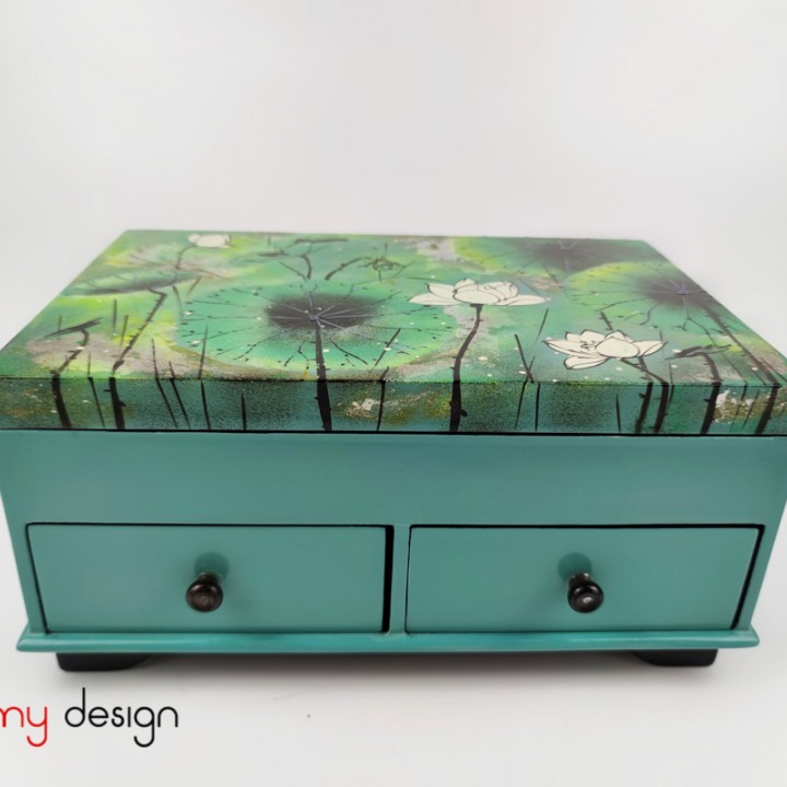 Blue rectangular lacquer cabinet with 2 small drawers hand-painted with lotus pond 20*30*H14cm